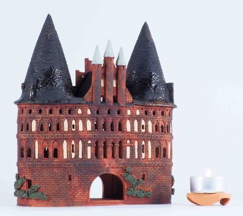 Ceramic Tealight Candle Holder | Room Decoration | Collectible miniature of Holstentor Gate in Lubeck, Germany | C317N © Midene
